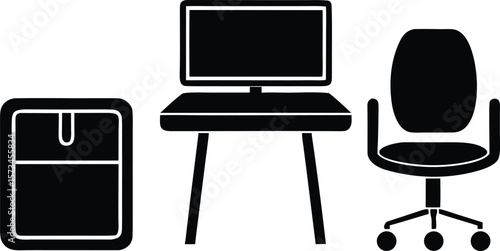 Photo of office icons showing a computer desk, chair, and filing cabinet