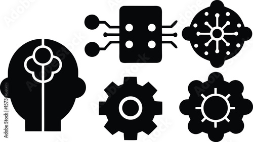 Photo of icons representing artificial intelligence, technology, and innovative thinking