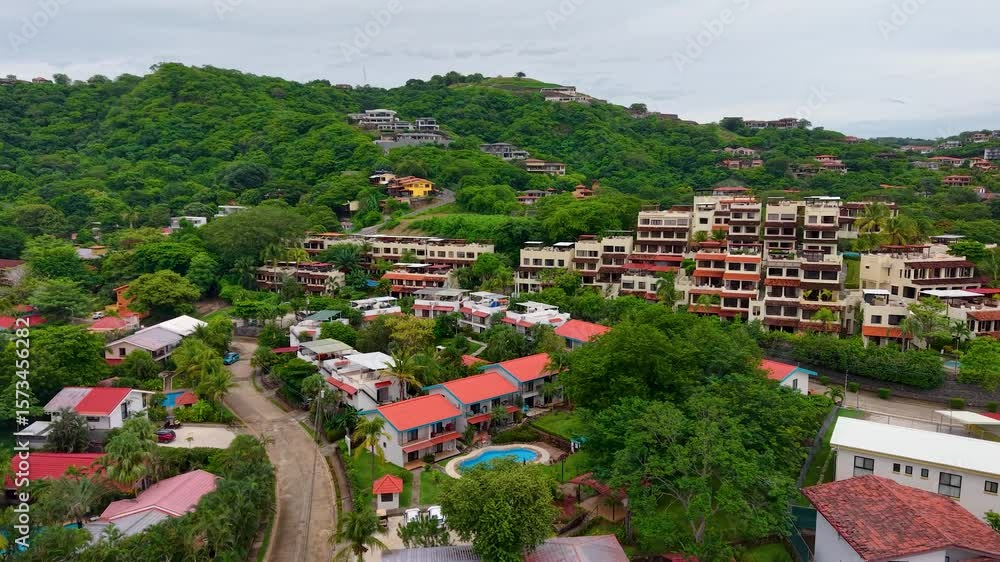 Aerial footage of Playas del Coco, Costa Rica — golden beaches, lush hills, and a scenic bay filled with yachts, perfect for tourism, ocean adventures, and tropical getaways