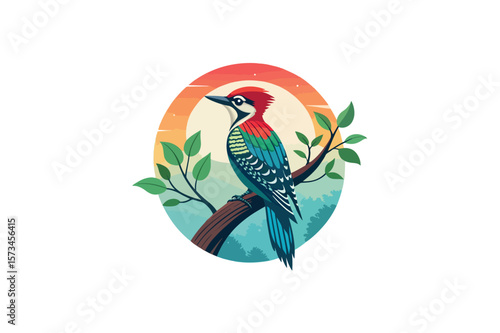 Woodpecker Tree colorful logo gradient vector on white background.01