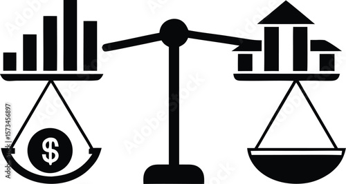 Photo of scales balancing financial growth charts against a house representing real estate value