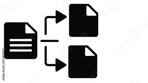 Photo of icons illustrating a data transfer process from one document to multiple, with a menu symbol