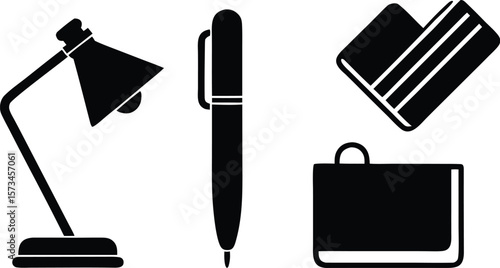 Photo of a collection of icons including a desk lamp, pen, credit card, and briefcase