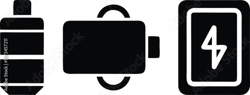 Photo of three black battery icons representing different power levels and charging