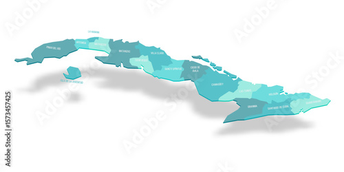 Cuba political map of administrative divisions - provinces. 3D turquoise vector map with name labels.