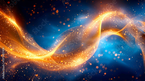 Golden liquid swirl floating in zero gravity with data particles and digital textures on deep electric blue background