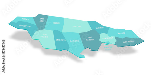 Jamaica political map of administrative divisions - parishes. 3D turquoise vector map with name labels.