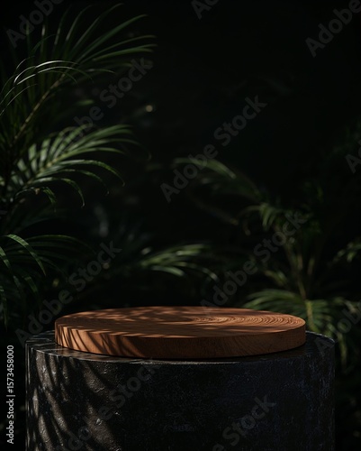 Luxury Wooden Display Platform on Dark Stone Base with Tropical Background