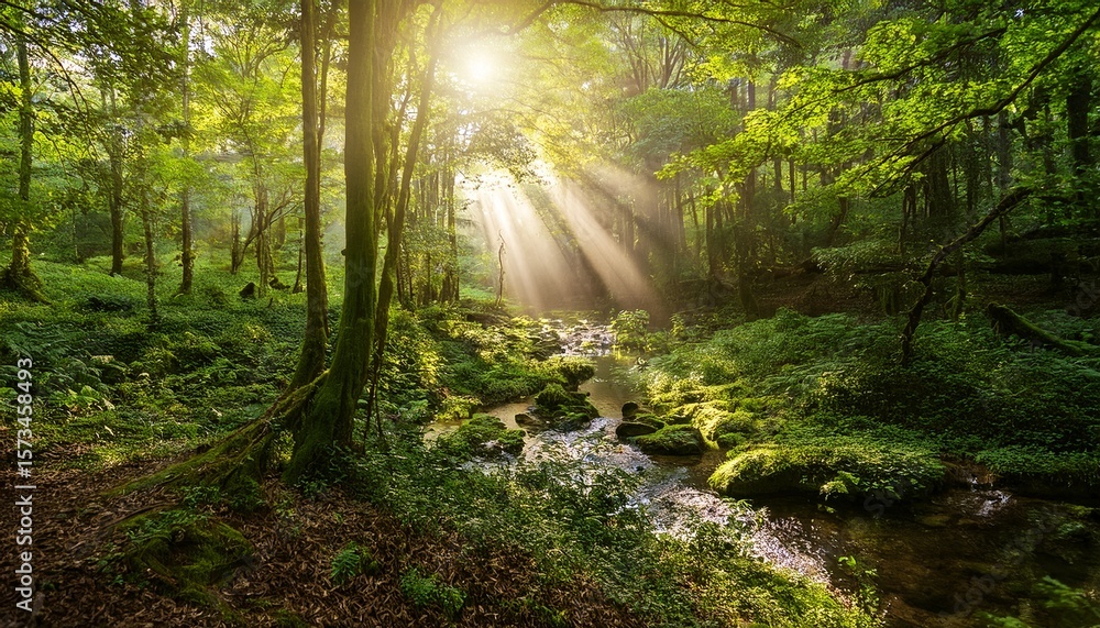 Obraz premium sunlight filtering through a lush forest