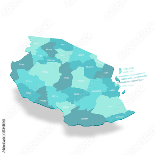 Tanzania political map of administrative divisions - regions. 3D turquoise vector map with name labels.