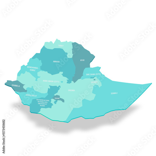 Ethiopia political map of administrative divisions - regions and chartered cities. 3D turquoise vector map with name labels.