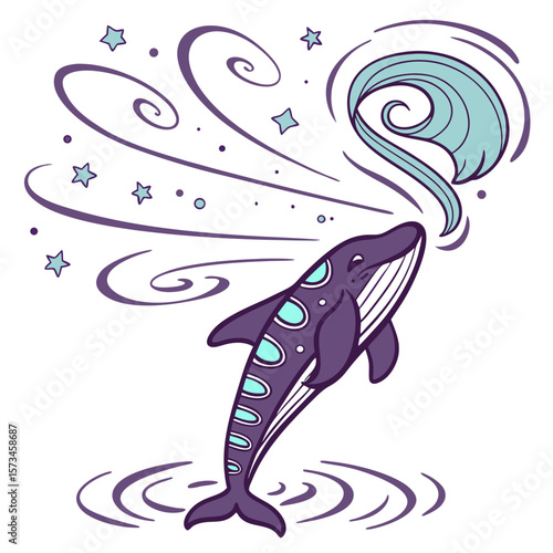 Whimsical purple whale breaching from water with stylized waves and stars creating a magical dreamy and enchanting atmosphere in a playful illustration