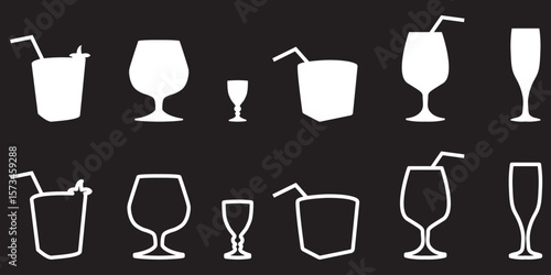 Silhouettes various alcohol cocktail glasses bar set. Black Isolated Glasses of wine, glasses of beer, bar bottles and shot glasses