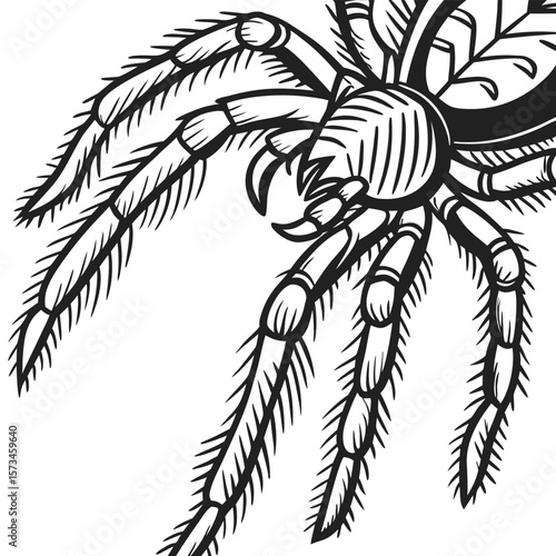 Detailed black and white illustration of a tarantula spider with segmented legs and hairy texture presented in a dynamic close up perspective against a clean white background
