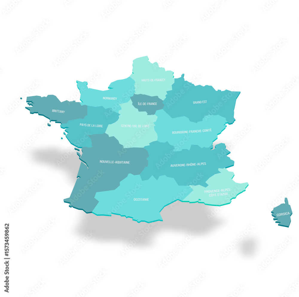 Obraz premium France political map of administrative divisions - regions. 3D turquoise vector map with name labels.