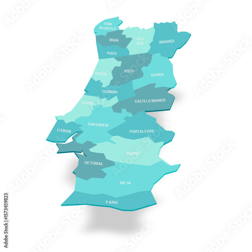 Portugal political map of administrative divisions - districts. 3D turquoise vector map with name labels.