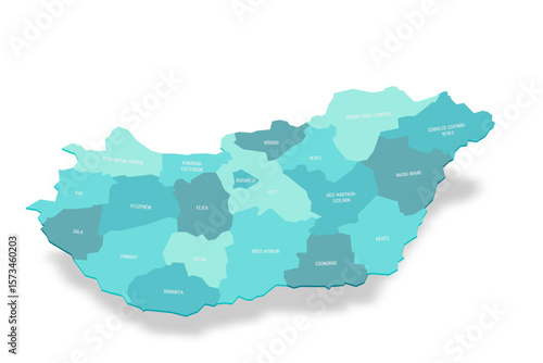 Hungary political map of administrative divisions - counties and autonomous city of Budapest. 3D turquoise vector map with name labels.