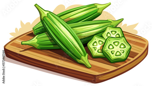 Glossy organic okra pods, green and slightly curved, form a star when sliced crosswise, beautifully displayed on a cutting board in soft light, perfect for Southern-style food vector art.