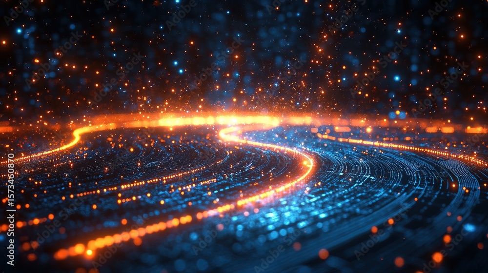 A futuristic depiction of data streams and digital pathways, illuminated with vibrant orange and blue light effects. A futuristic depiction of data streams and digital pathways, illuminated with vibrant orange and blue light effects.