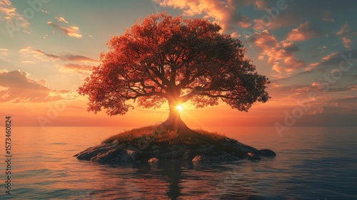 Island tree with colorful leaves against the sun and ocean at sunset