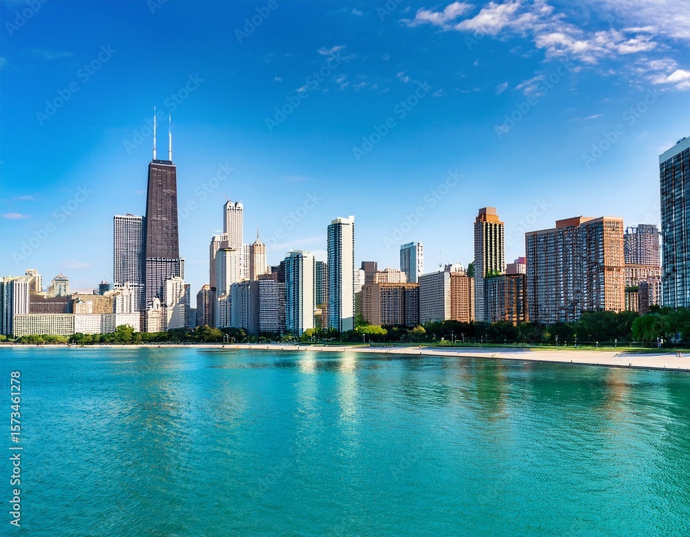 Naklejka premium bright and sunny view of downtown chicago with the shimmering michigan lake in the foreground