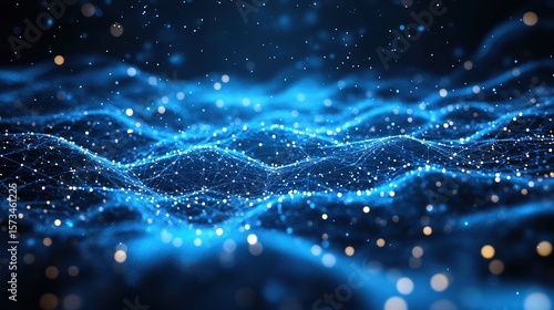 Abstract digital rendering of interconnected nodes forming a flowing, luminous, wave-like pattern in a deep blue space, with bokeh.