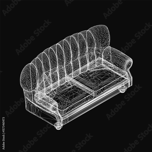 3D wireframe sofa model on a black background, showcasing realistic contours and structural details. The clean design highlights modern furniture aesthetics with precise geometric lines.