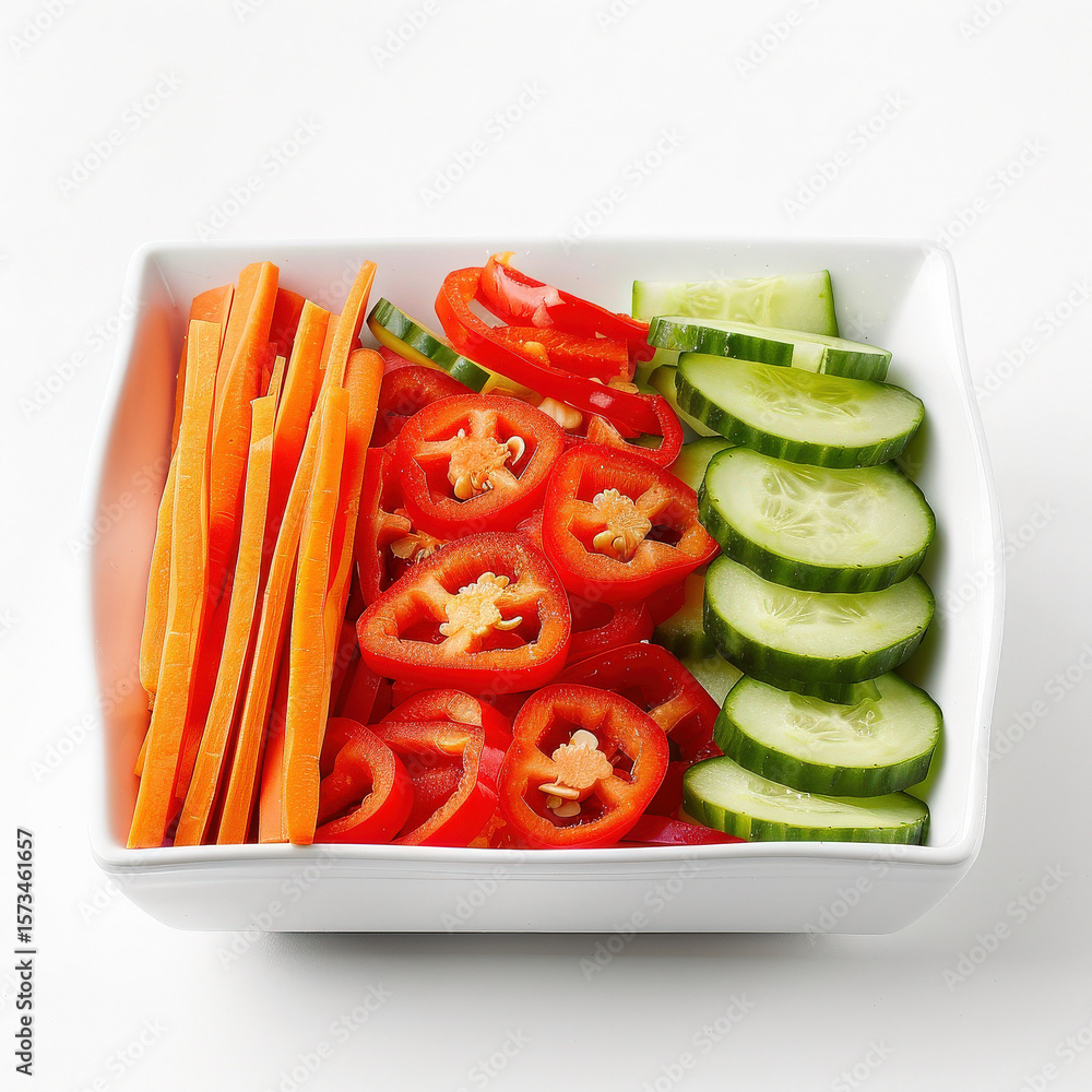 A front-facing photo of a clean white square bowl filled with neatly arranged sliced vegetables: red bell pepper strips, cucumber strips, carrot strips, and tomato slices cut into rounds A front-facing photo of a clean white square bowl filled with neatly arranged sliced vegetables: red bell pepper strips, cucumber strips, carrot strips, and tomato slices cut into rounds