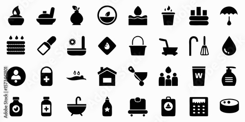 Collection of black silhouette icons representing health wellness and hygiene concepts isolated on white background