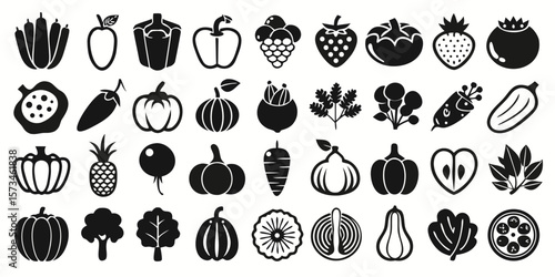 Collection of food science and biology icons including plants molecules and laboratory equipment isolated on white background silhouette