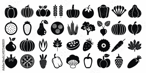 Collection of food science and biology icons including plants molecules and laboratory equipment isolated on white background silhouette