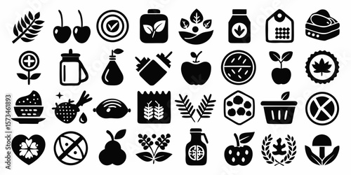 Collection of black silhouette icons representing healthy food and natural products isolated on white background