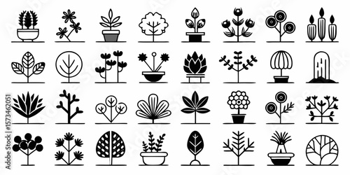 Collection of stylized plant and tree icons with a minimalist silhouette design isolated on white background
