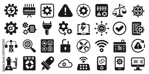 Collection of science and biology icons including plants molecules and laboratory equipment isolated on white background silhouette