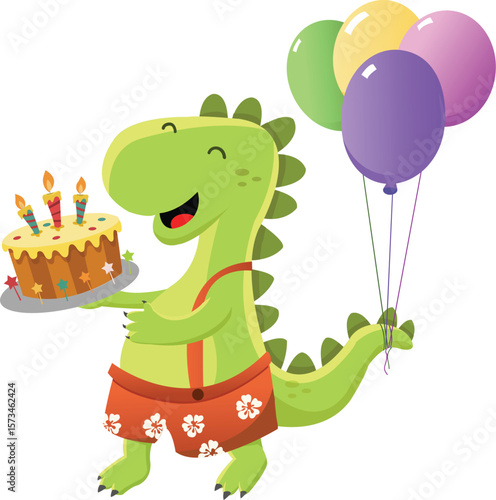 Cute Dinosaur With Birthday Cake And Balloons