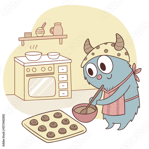 A cute blue cartoon monster wearing a polka dot chef hat and apron is happily mixing batter in a bowl while preparing cookies on a baking sheet in a kitchen