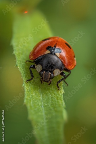 Ultra-Realistic Macro Photo of Ladybug on Green Leaf with Vivid Red Shell