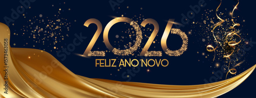 cartão ou faixa para desejar um feliz ano novo 2026 em dourado com cortina de tecido dourado sobre fundo preto com lantejoulas e serpentinas douradas