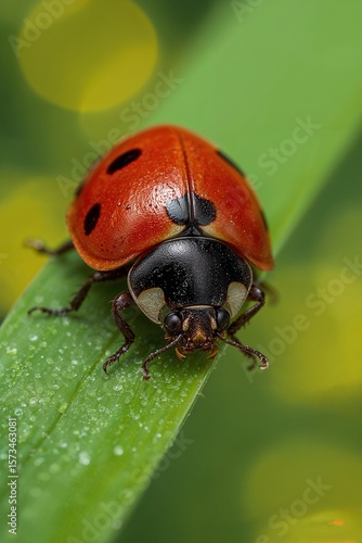 Ultra-Realistic Macro Photo of Ladybug on Green Leaf with Vivid Red Shell
