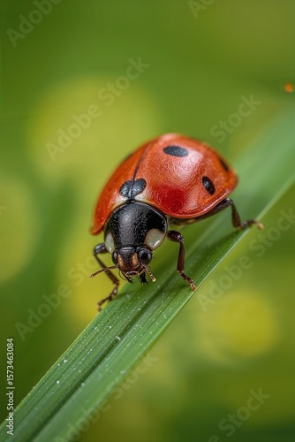 Ultra-Realistic Macro Photo of Ladybug on Green Leaf with Vivid Red Shell