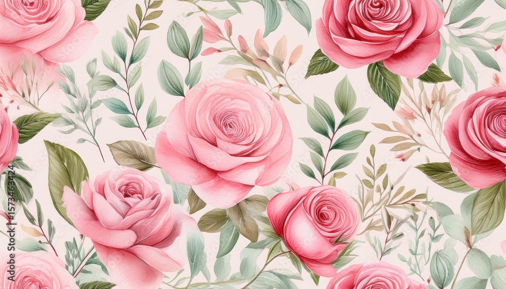 Fototapeta premium botanical watercolor seamless pattern with pink roses floral pastel background delicate floral and herb illustration