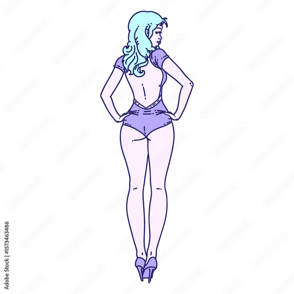tattoo in traditional style of a pinup swimsuit girl in bright neon color tattoo in traditional style of a pinup swimsuit girl in bright neon color