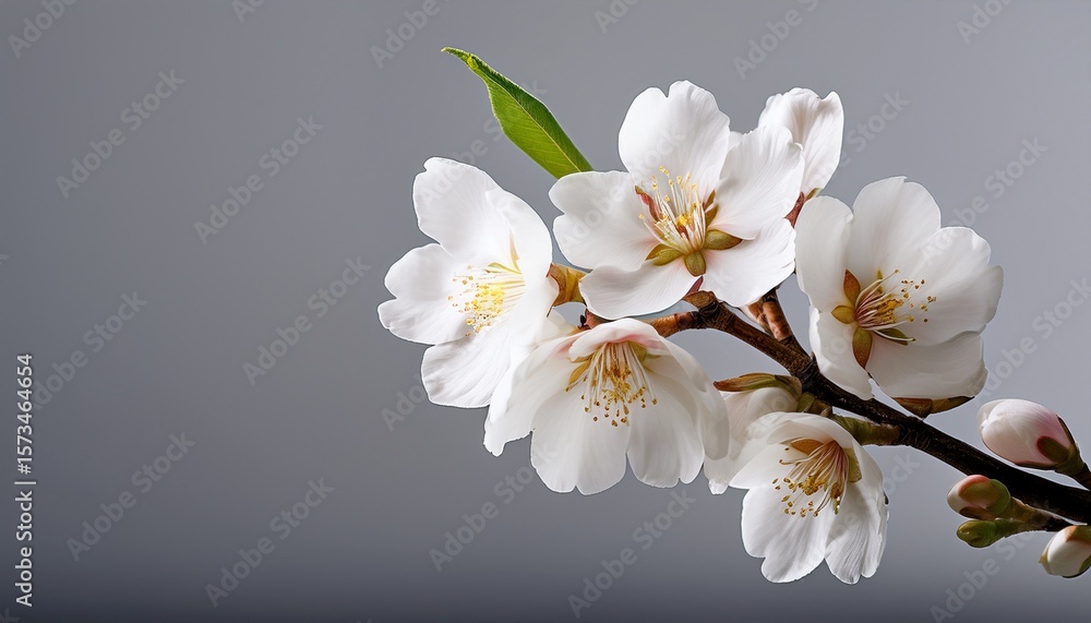 Obraz premium white almond blossom branch on neutral grey background