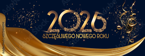 kartka lub baner z życzeniami szczęśliwego Nowego Roku 2026 w kolorze złotym z draperią ze złotej tkaniny na czarnym tle ze złotymi cekinami i serpentynami