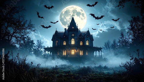 Haunted mansion at night