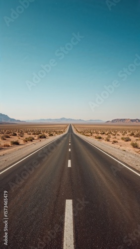 Minimalist Desert Highway Vanishing Into Horizon with Heat Haze and Sparse Vegetation