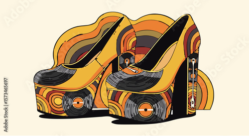 ,“Stylized vector illustration of 1970s disco platform shoes, decorated with vinyl records and psychedelic patterns in orange, yellow, and brown tones generative ai