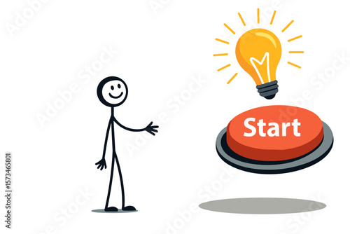 Minimalist stick figure pointing at red start button with glowing light bulb, vector style, on white background, beginning of new idea and motivation concept