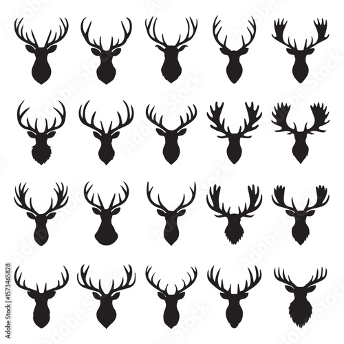 Collection of black silhouette deer and moose heads with various antler styles on a white background for design elements