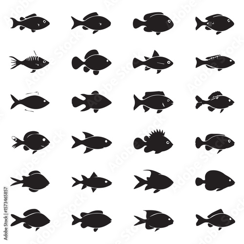 Collection of twenty diverse black fish silhouettes isolated on a clean white background representing various aquatic life forms and styles